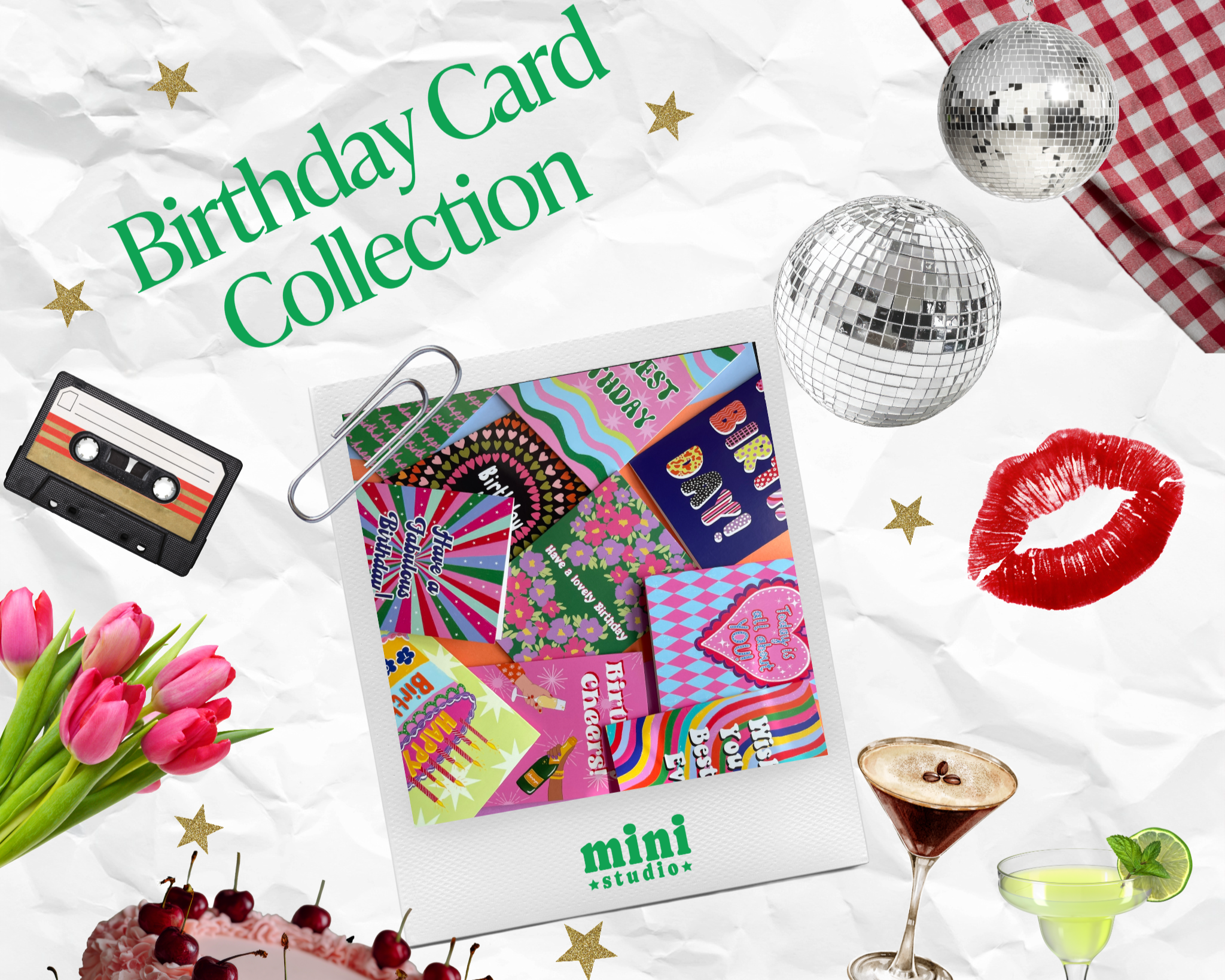 Birthday card collection with disco balls, flowers, and a cake on a white background.